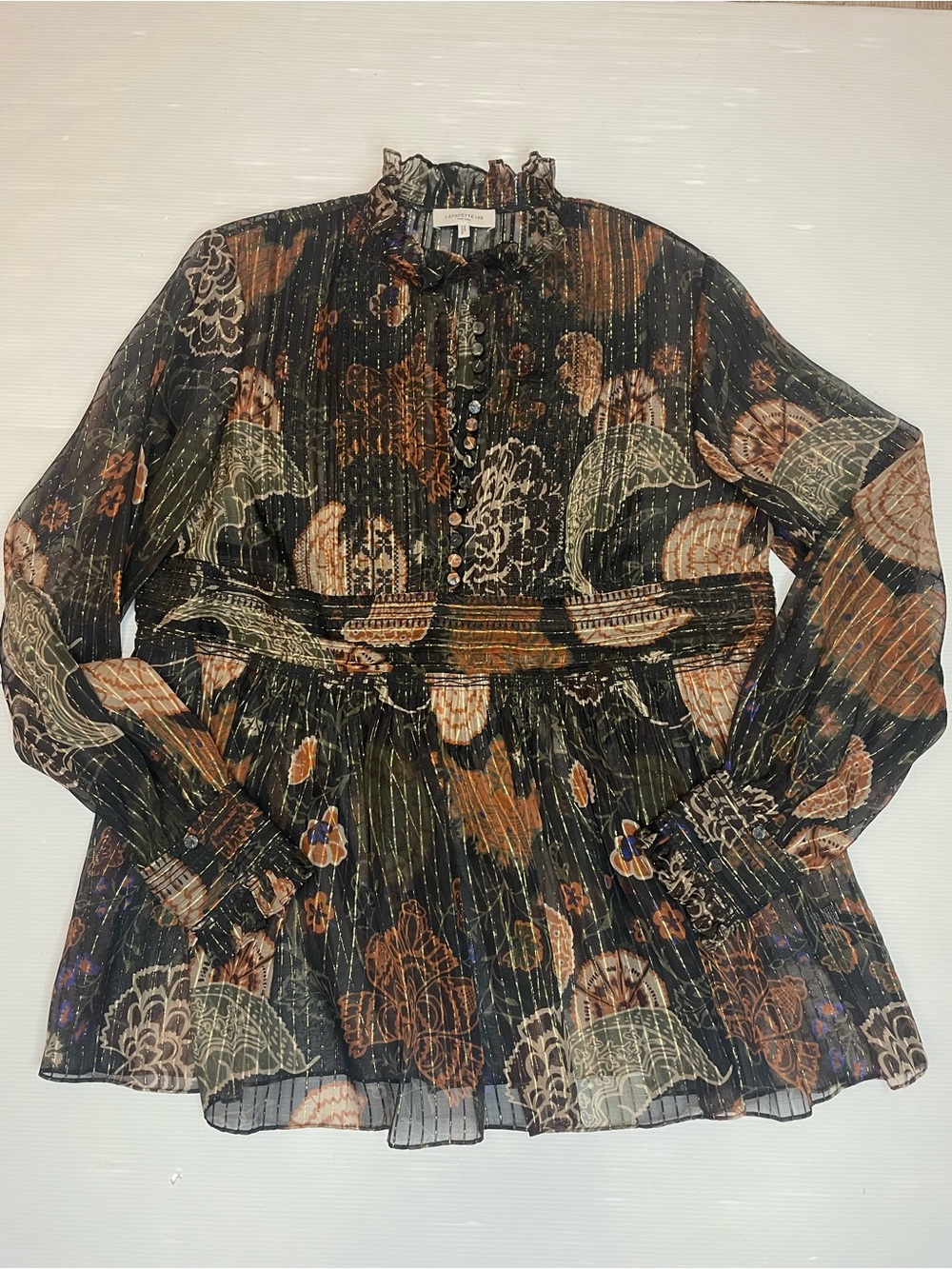 LAFAYETTE 148 NEW YORK Ruffled Black & Rust Silk-Blend Chiffon Blouse M
